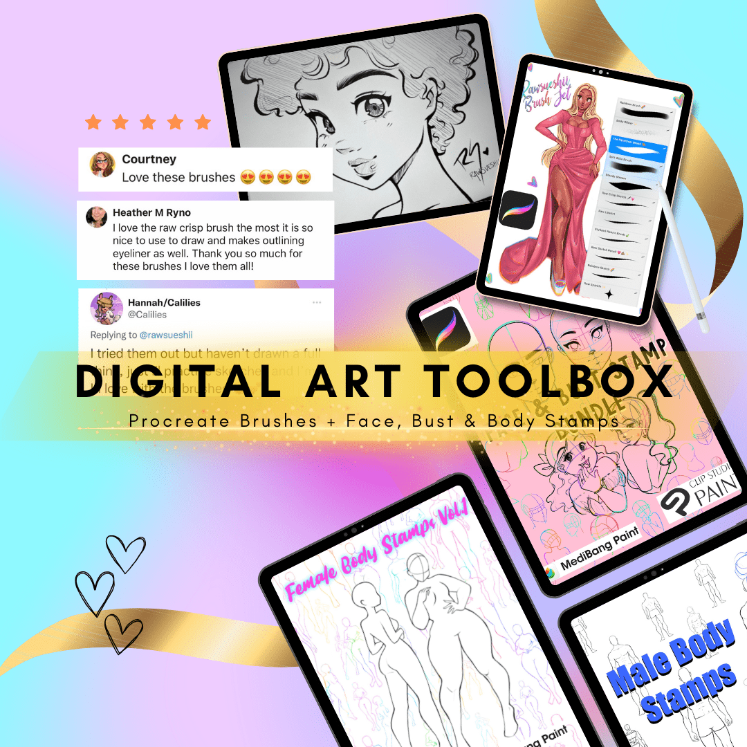 DIGITAL ART TOOLBOX: Procreate Brushes, Face, Bust and Male/Female Body Stamp Sets by RAWSUESHII - RawSueshii