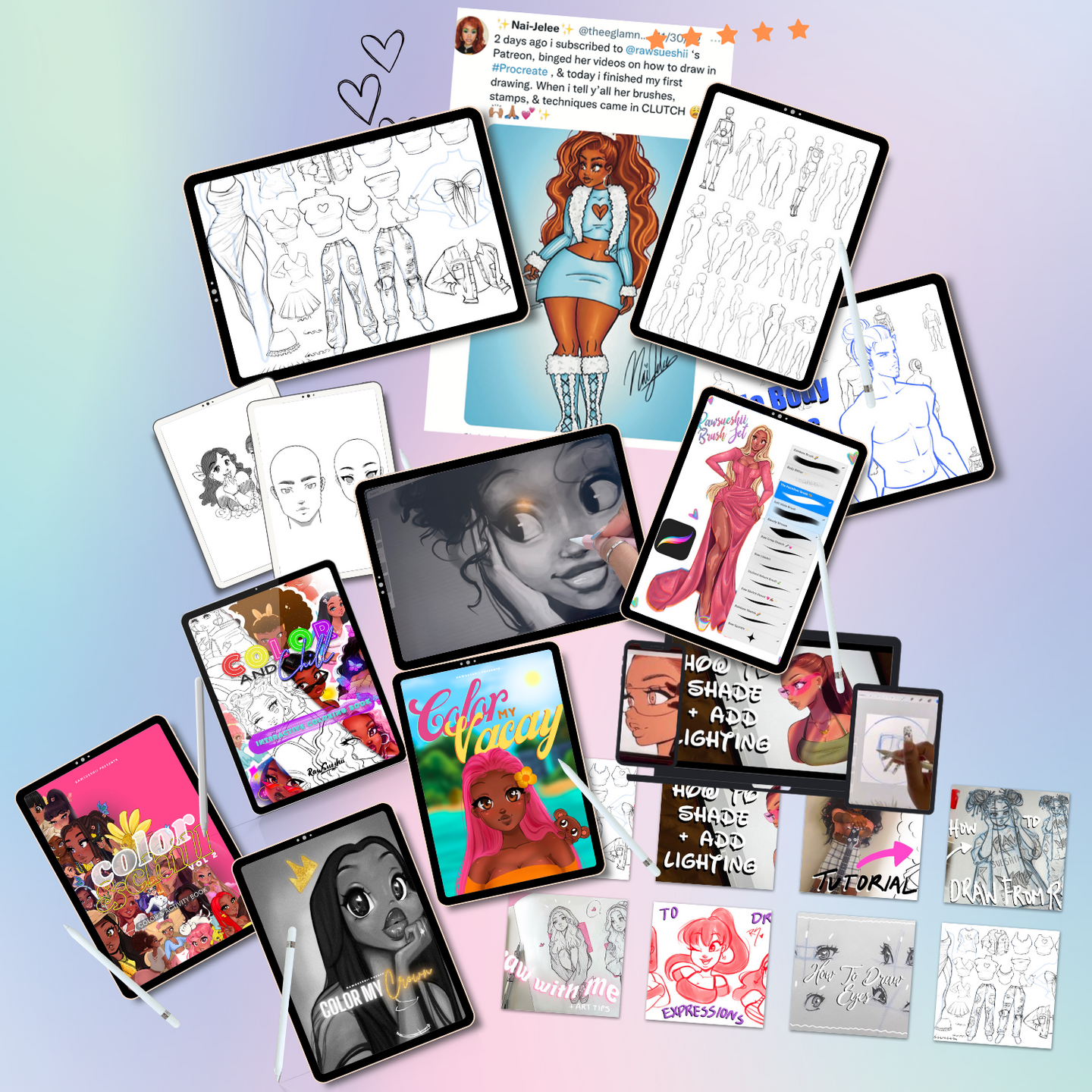 RawSueshii Digital Mega Bundle preview — coloring books, Procreate brushes and stamps