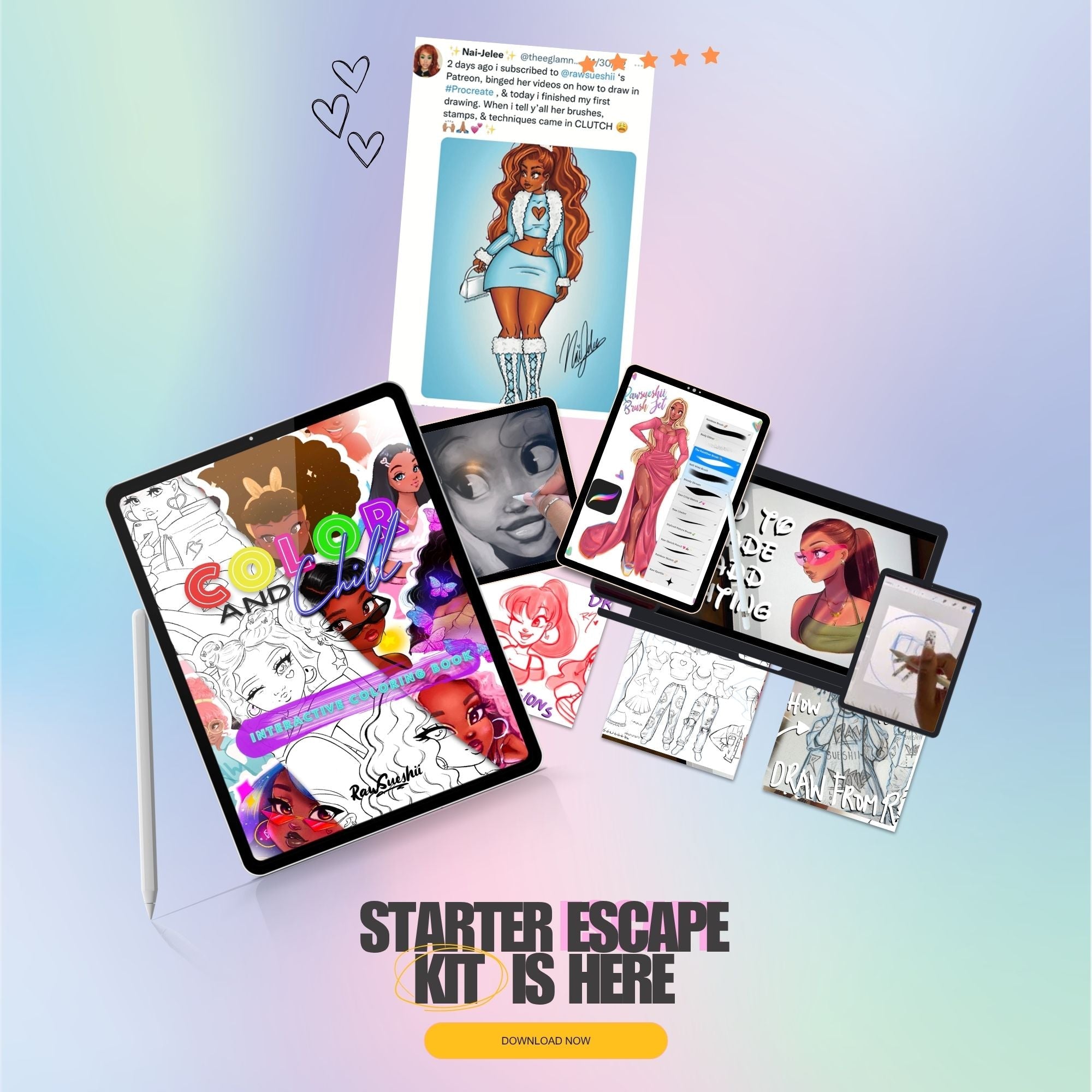 The Starter Escape — 1 Coloring Book, 10 Classic Procreate Brushes & a 3-Part Tutorial Series - RawSueshii